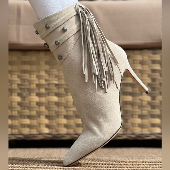 Taupe suede leather boot with fringe detail soft booties western style shoes - Picture 1 of 16
